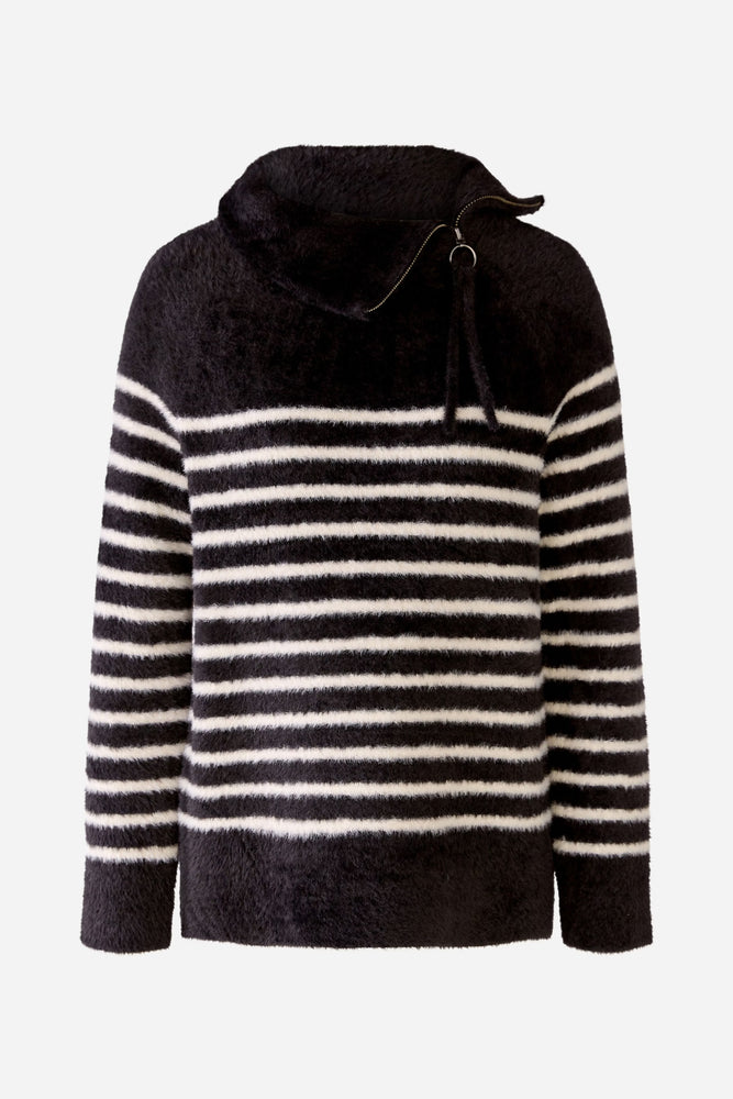 Fuzy nautical sweater with stand-up collar