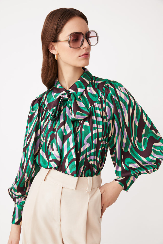 Retro pattern blouse with lavallière knot LAHSEN