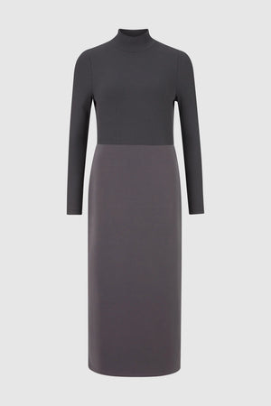 Mid-length dress with high collar in viscose