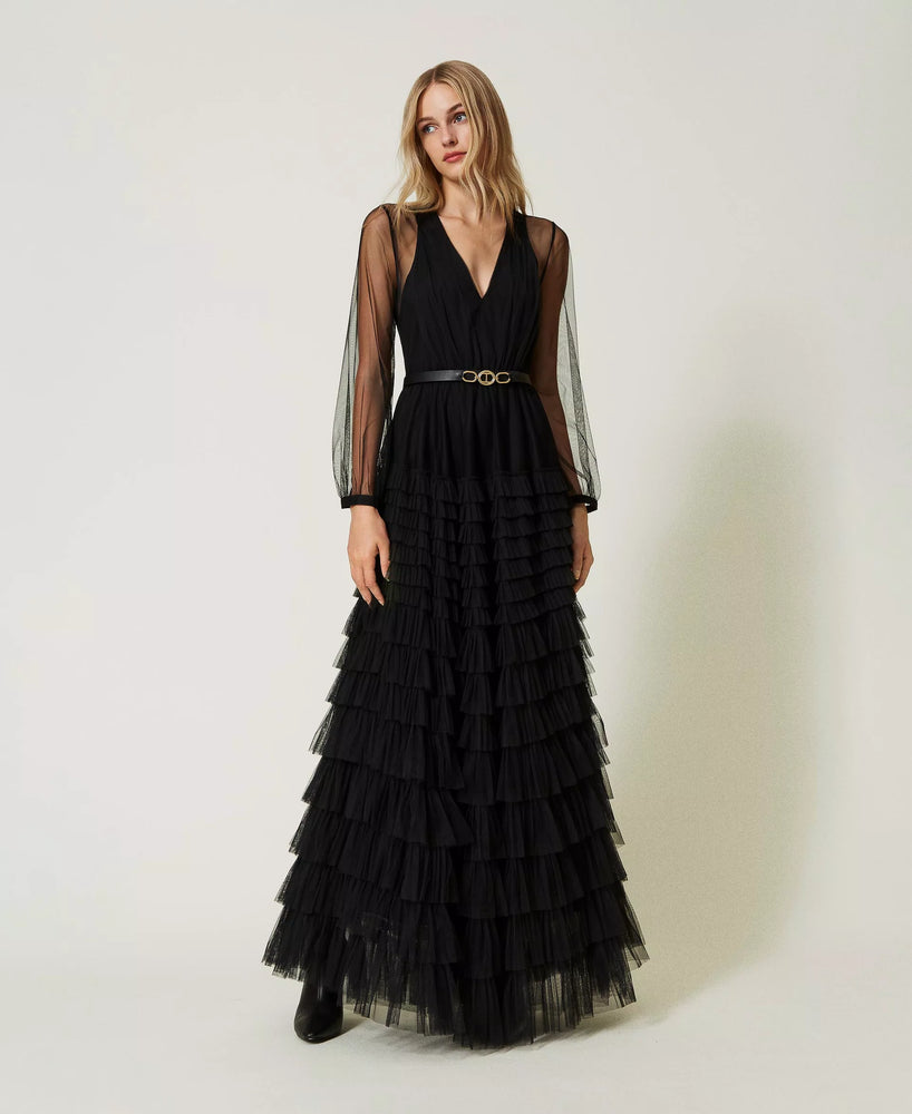Ruffled evening dress in tulle