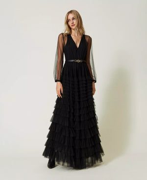 Ruffled evening dress in tulle