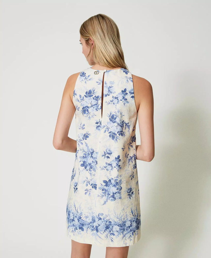 Robe courte à motif floral en coton et lin