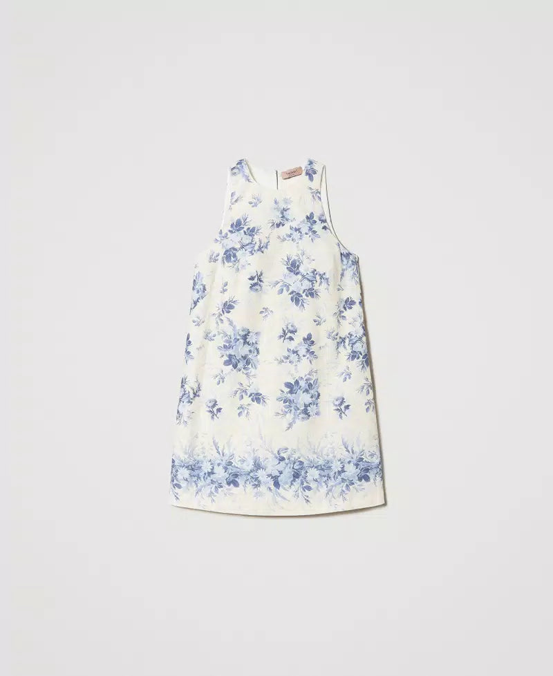 Robe courte à motif floral en coton et lin