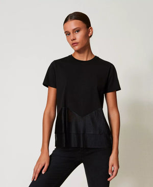 Tee à peplum en maille plissée translucide à plumetis