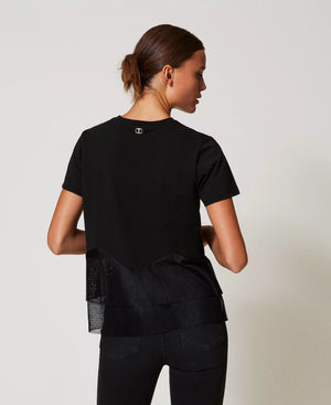 Tee à peplum en maille plissée translucide à plumetis