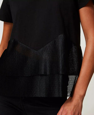 Tee à peplum en maille plissée translucide à plumetis