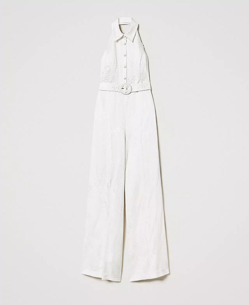 Combinaison pantalon à dos ouvert en jacquard satiné