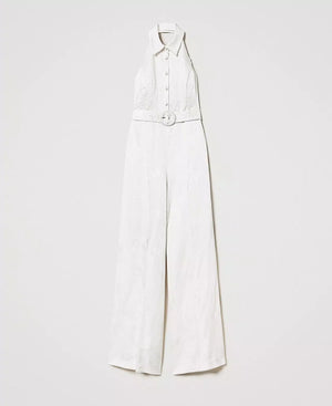 Combinaison pantalon à dos ouvert en jacquard satiné