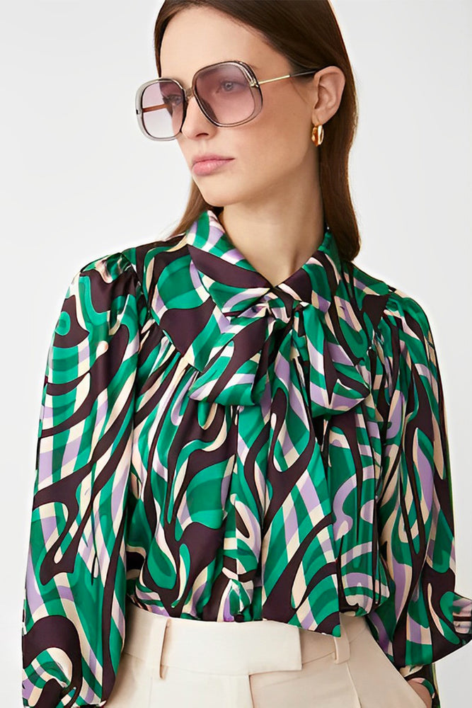 Retro pattern blouse with lavallière knot LAHSEN