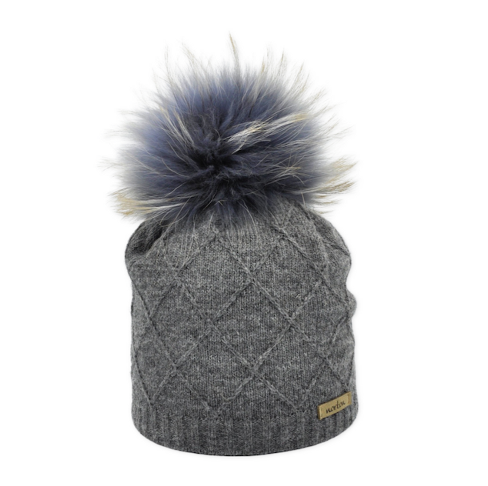 Knitted hat with rhombus and fur pompon
