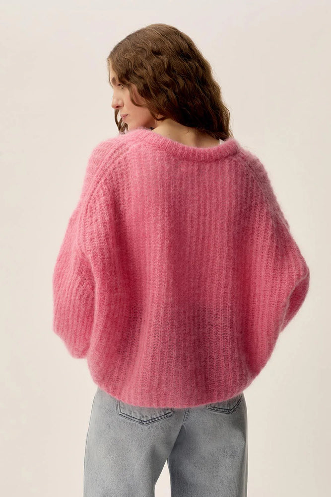 Cardigan à encolure ronde à maille ajourée en Mohair