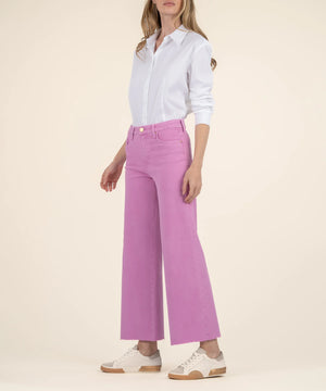 Pantalon denim taille haute jambe large